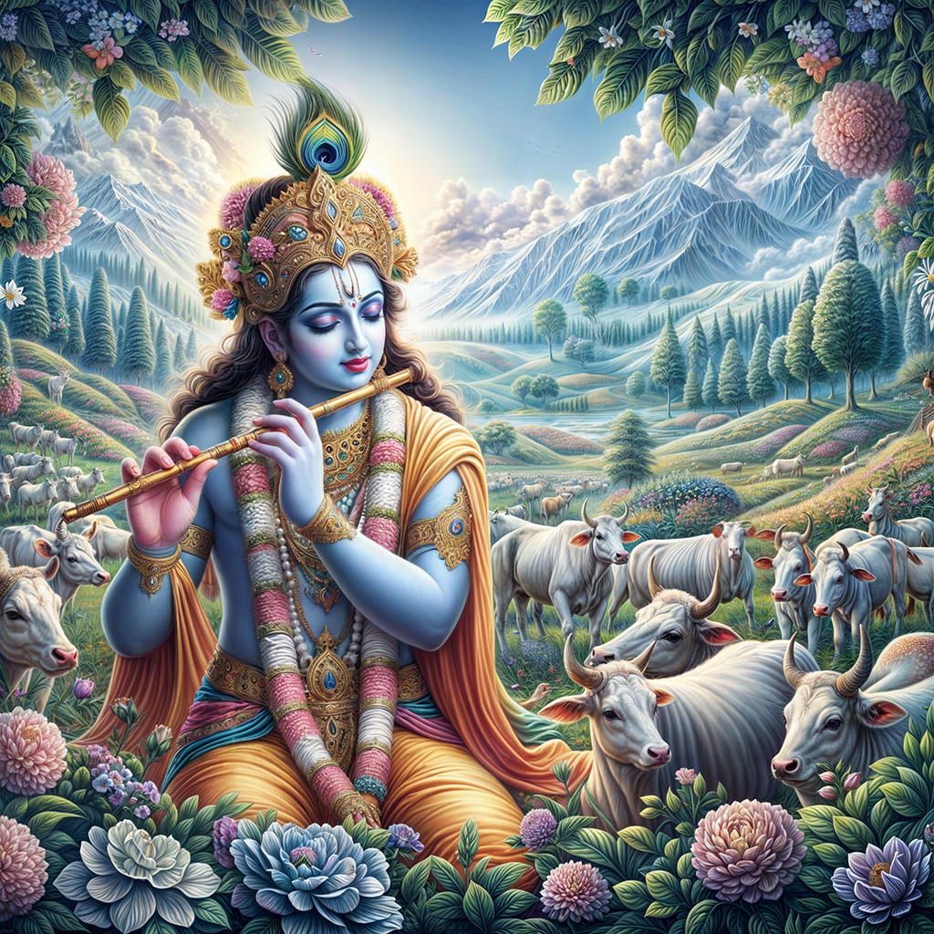 Lord Krishna playing flute in a garden