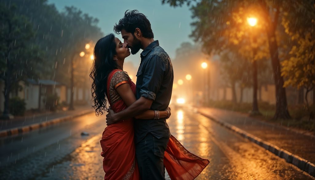 A hyper-realistic and dramatic AI photograph of an Indian couple kissing passionately 